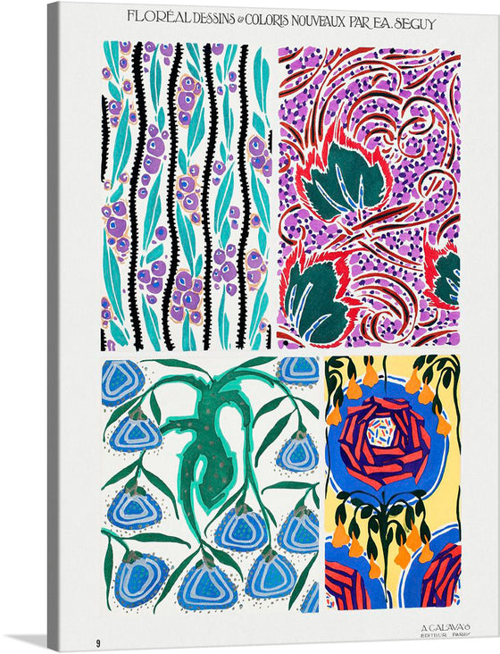 Immerse yourself in the vibrant and eclectic world of E.A. Seguy with this exquisite print featuring a collection of his iconic floral designs. Each piece is a symphony of color and form, showcasing the artist’s mastery in creating mesmerizing patterns that dance between the abstract and the familiar. The intricate details, bold color palettes, and fluid lines make each design a standalone masterpiece while together telling a story of nature’s enchanting beauty. 