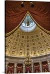 The artwork captures the intricate details of a magnificent dome ceiling, adorned with golden embellishments that radiate luxury and elegance. A majestic chandelier hangs gracefully, illuminating the rich textures of the draped curtains.