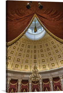  The artwork captures the intricate details of a magnificent dome ceiling, adorned with golden embellishments that radiate luxury and elegance. A majestic chandelier hangs gracefully, illuminating the rich textures of the draped curtains.