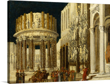  These scenes from earliest Christian history are set amid fantasy architecture, mysteriously lit under dark skies. The small scale of the figures makes the buildings seem enormous. De Nomé has imagined ancient streetscapes of Athens and Jerusalem as lined with sculpture and rich architectural ornament. 