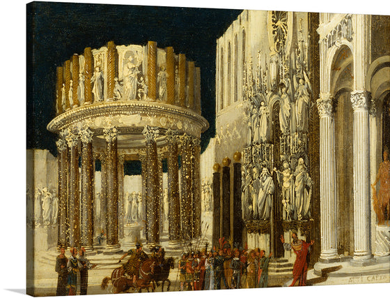 These scenes from earliest Christian history are set amid fantasy architecture, mysteriously lit under dark skies. The small scale of the figures makes the buildings seem enormous. De Nomé has imagined ancient streetscapes of Athens and Jerusalem as lined with sculpture and rich architectural ornament. 