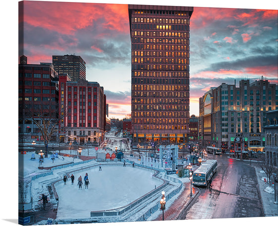 “Place D’Youville, Québec, Canada” by Wilfredo Rafael Rodriquez Hernandez. This mesmerizing print captures a serene yet vibrant winter evening, where the city’s architectural elegance meets nature’s colorful canvas. The sky, painted with hues of sunset, casts a warm glow on the snow-covered landscape and illuminates the city’s iconic structures. 