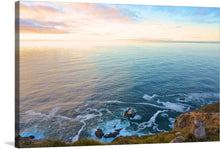  “Beautiful nature scenery” is a stunning print of a coastal landscape. The image captures the natural beauty of the ocean and the sky, with the sun setting on the horizon. 
