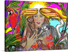  “India Branca” by Sandra Uga is a vibrant and captivating artwork that immerses you in a world of color and life. The painting features various animals and plants, each rendered with meticulous detail and rich hues. A red parrot perches on green palm leaves, a lion roars in the center, and monkeys playfully interact, all against a backdrop of an exotic and lush environment.