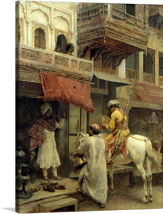 “Street Scene in India” by Edwin Lord Weeks invites you into the enchanting world of historical India. This exquisite print captures the essence of everyday life with intricate details that bring each character and architectural element to life. At the center, a man on horseback, adorned in traditional attire, engages with another individual under an overhanging structure covered with a red cloth. To the left, a person stands at an open storefront displaying shoes.