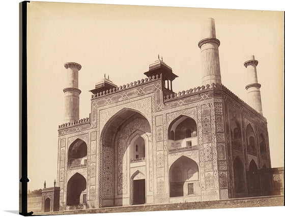 “Akbar’s Tomb at Sikandra, India” is a mesmerizing glimpse into the Mughal Empire’s grandeur. This sepia-toned photograph, taken from a distance, captures the sprawling architectural marvel that is Akbar’s tomb.