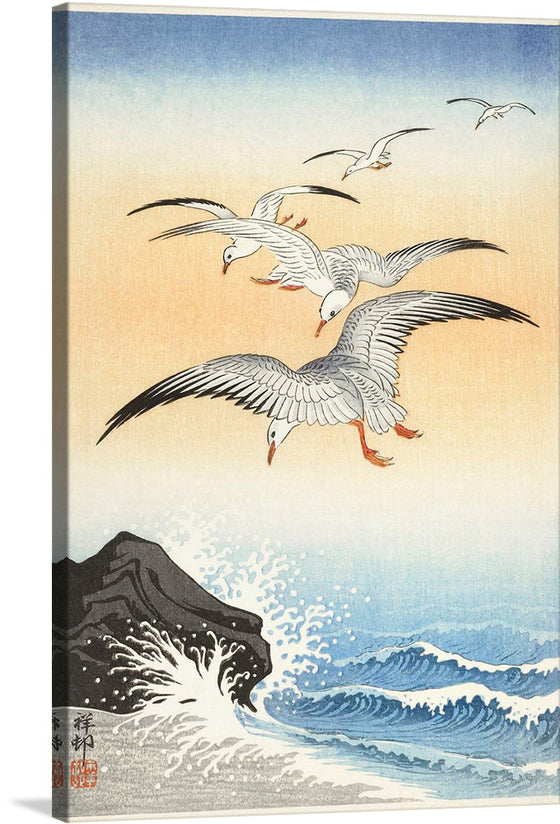 “Five Seagulls Above Turbulent Sea” is a captivating woodblock print by Japanese artist Ohara Koson. Created between 1900 and 1930, this exquisite piece transports us to the dynamic coastal realm where five seagulls soar against the backdrop of a wild, churning sea. Koson, renowned for his mastery of kachō-e (bird-and-flower) designs, infuses this scene with a sense of freedom and movement.