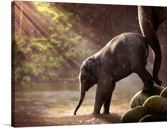 This beautiful print of an elephant standing by a waterfall is a must-have for any animal lover or nature enthusiast. The elephant is the focal point of the print, and its gentle majesty is immediately apparent.