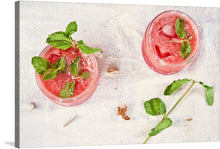  “Strawberry Liquor and Mint Leaves” invites you to savor a moment of pure indulgence. This captivating print captures the essence of summer: two glasses brimming with luscious strawberry liquor, each adorned with fresh mint leaves that seem to dance on the surface. 