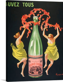  “Drink all Evian-Cachat (ca.1912)” by Leonetto Cappiello is a beautiful print that showcases the artist’s signature style. The print features two women in yellow dresses dancing around a large green bottle of Evian-Cachat water. 