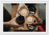 "Three people cheering with iced coffee and lattes at Verve Coffee"
