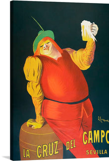  “La Cruz del Campo Beers (1906)” is a vibrant and evocative artwork that captures the essence of early 20th-century advertising art. The piece showcases a jubilant figure, adorned in a rich palette of red and gold, raising a frothy mug of beer in celebration. The dark backdrop accentuates the radiant colors, drawing attention to the detailed rendering of the character’s attire and the effervescent beer.