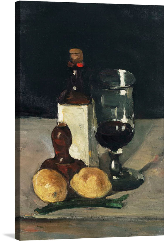“Still Life with Bottle, Glass, and Lemons (ca. 1867–1869)” by Paul Cézanne is a mesmerizing print that encapsulates the essence of classic artistry and timeless elegance. In this exquisite piece, a dark backdrop illuminates a meticulously arranged ensemble of a bottle, glass, and lemons resting gracefully on a surface.