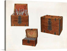  “Wine Chest (ca. 1940)” invites you to step into a world of timeless elegance and sophistication. Leonard Battee’s exquisite print captures the essence of a bygone era—a meticulously crafted wooden wine chest adorned with intricate metalwork. As you gaze upon it, you can almost hear the soft clink of crystal glasses and the whisper of cork being pulled. 