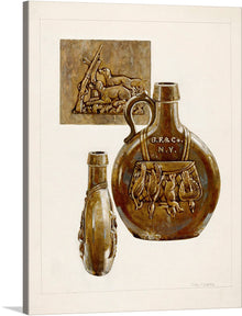  Immerse yourself in the rich history encapsulated in this exquisite print. The artwork features two meticulously rendered antique flasks, one embossed with detailed imagery of horses and inscribed with “B.F.&Co. N.Y.”. The smaller, elongated flask appears to be made of glass or crystal, reflecting light beautifully. 