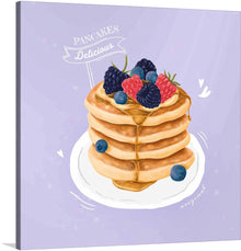  Indulge in the visual feast of this exquisite art print, where the allure of a sumptuous stack of pancakes is captured with impeccable detail. Each layer, golden and fluffy, is adorned with a vibrant medley of blueberries and raspberries, invoking an irresistible charm. Set against a whimsical lavender backdrop, this piece promises to infuse your space with warmth and sweetness, making every moment a delightful soiree of colors and textures.