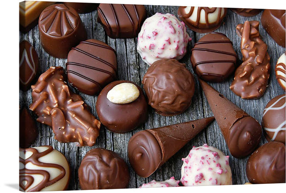 This beautiful print of chocolate truffles is a must-have for any chocolate lover. The image showcases an assortment of decadent truffles in various shapes and sizes, making it a perfect addition to any kitchen or dining space. The image is a photo-realistic depiction of an assortment of chocolate truffles on a wooden surface.