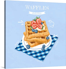  Indulge in the delightful visual feast of our exclusive “Hand Drawn Waffles” art print! Every detail, from the golden-brown waffles adorned with succulent strawberries and blueberries to the whimsical blue and white checkered backdrop, is meticulously crafted to bring warmth and vibrancy to your space.