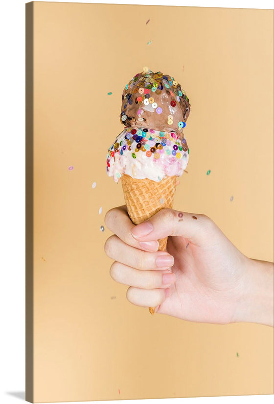 Indulge in the visual feast of “Summer’s Embrace,” a limited edition print capturing the ephemeral joy of a double-scoop ice cream cone, generously sprinkled with colorful candies. Every detail, from the delicate grip on the crispy waffle cone to the playful dance of sprinkles, is rendered with exquisite realism. 