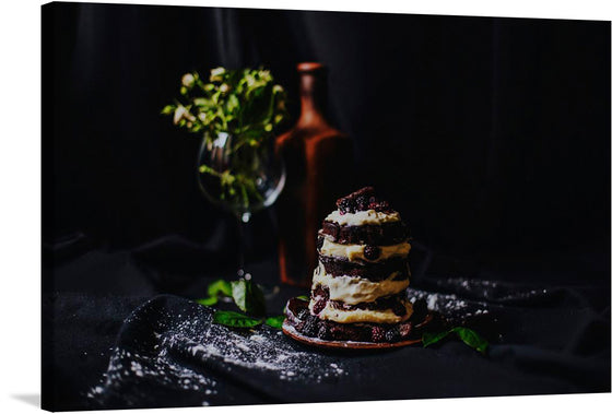 This stunning print features a decadent chocolate cake with blackberry, set against a dark cloth and a black background. The wine glass with leaves and red bottle add a touch of sophistication and elegance to the image. 