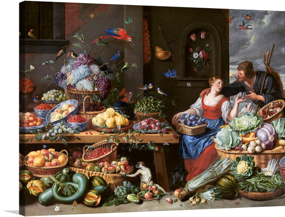 Step into the world of Jan van Kessel’s masterpiece, “Fruit and Vegetable Market with a Young Fruit Seller.” This exquisite print, dating back to the golden age of the 17th century, invites viewers into a bustling market scene brimming with life and color.