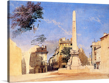   “Place des Fainéants” by Félix Ziem. This artwork is a serene and timeless masterpiece that invites you to wander the sun-drenched streets of a quaint European town, where history and culture converge. The towering obelisk stands as a testament to the enduring elegance of an era long past, while the intricate architecture tells tales of generations that walked these paths before us. 