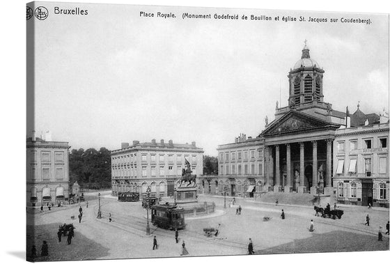  “Place Royal Bruxelles postcard tram.” This exquisite print captures the historical charm of Brussels, with every detail of the bustling Place Royale captured with stunning clarity. The iconic Monument Godefroid de Bouillon stands tall in the center of the square, while the église St. Jacques sur Coudenberg in the backdrop adds an air of spiritual grace. The quaint trams and bustling atmosphere evoke a sense of nostalgia, taking you back in time to an era where every street and building tells a story. 