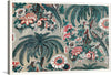 Immerse yourself in the enchanting allure of this exquisite art print. A lush landscape unfolds before your eyes, teeming with verdant palm leaves that sway gracefully amidst a vibrant tapestry of blossoms painted in hues of crimson and ivory. Elegant birds, their plumes mirroring the surrounding flora, stand as silent witnesses to nature’s symphony.