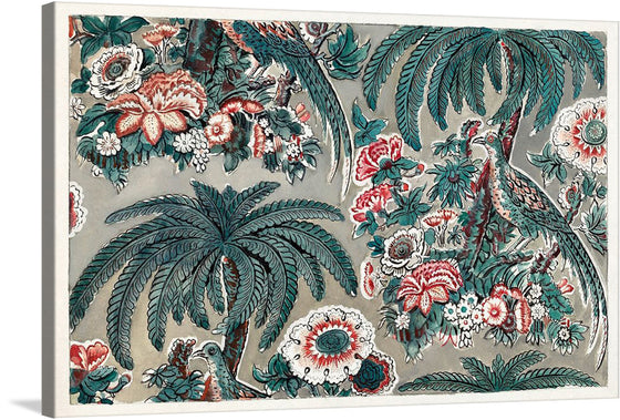 Immerse yourself in the enchanting allure of this exquisite art print. A lush landscape unfolds before your eyes, teeming with verdant palm leaves that sway gracefully amidst a vibrant tapestry of blossoms painted in hues of crimson and ivory. Elegant birds, their plumes mirroring the surrounding flora, stand as silent witnesses to nature’s symphony.