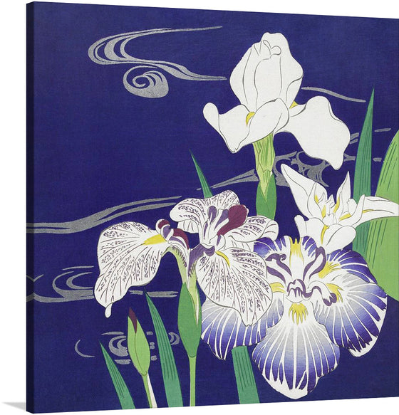  A symphony of irises, resplendent in white and purple hues, bloom against a deep blue backdrop, their delicate petals unfolding like a sonnet. The swirling mists above weave an ethereal dance, inviting onlookers into a world where art and nature unite in perfect harmony. 