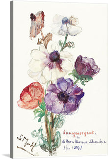  “New Year’s Greeting with Anemones” by Sientje Mesdag-van Houten is a timeless piece that embodies the spirit and passion of the New Year. The artwork features several anemone flowers painted in watercolors, depicted in various stages of bloom. The flowers are painted in rich tones of red, white, and purple, with detailed petals and stems. The painting is dated 1st January 1897 and adorned with a personal greeting, adding a touch of intimacy to the artwork.