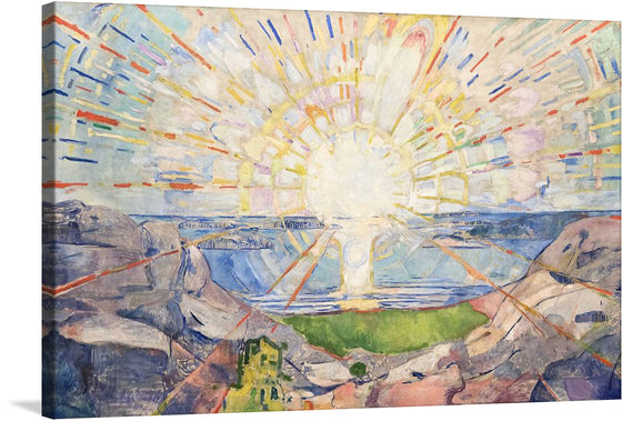 Edvard Munch's Solenintro (1912-1913) is a stunning and evocative painting of a sun setting over a tranquil seascape. The sun is the focal point of the painting, and its bright yellow and orange hues radiate outwards, illuminating the sky and sea. 