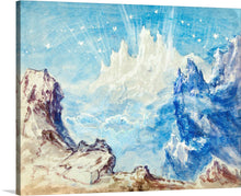  “Fantastic Mountainous Landscape with a Starry Sky” by Robert Caney is a breathtaking print that transports you to the serene beauty of nature. The artwork features a majestic mountain range bathed in shades of blue and white, under a sky sprinkled with stars. 