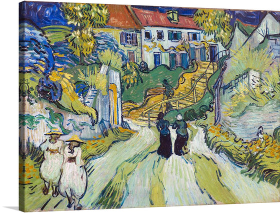 “Stairway at Auvers” by Vincent van Gogh is a captivating print that transports viewers into a vividly painted world. The artwork features a stairway leading up to a house, surrounded by lush greenery and figures in period attire, creating a sense of depth and perspective. The bold brush strokes and rich palette of colors, including various shades of green, blue, and yellow, bring the serene yet lively atmosphere to life.