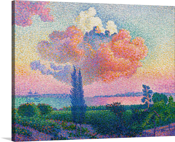 “The Pink Cloud” is an oil on canvas painting created by Henri-Edmond Cross in 1896. The artwork depicts a spectacular cloud in the sky, with the use of larger, more emphatic brushstrokes, often surrounded by areas of white to achieve greater color intensity. 