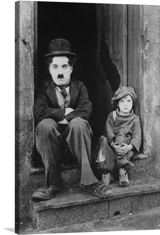 This iconic image of Charlie Chaplin captures the essence of the silent film legend. Chaplin is shown in his trademark costume of a bowler hat, baggy pants, and a mustache. He has a mischievous smile on his face and a twinkle in his eye. This is a publicity photo from Charlie Chaplin's 1921 movie "The Kid".
