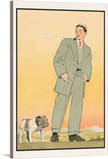  “Young Man in Gray Suit Smoking a Pipe and Looking at a Dog (1906)” invites you to a world of classic elegance. This exquisite print captures a moment frozen in time, where fashion, sophistication, and man’s best friend converge. The young man, adorned in a finely tailored gray suit, exudes an air of confidence and refinement. With pipe in hand, he gazes upon his loyal canine companion against the backdrop of a serene landscape.