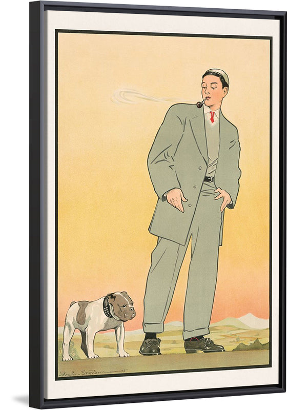 "Young man in gray suit smoking a pipe and looking at a dog(1906)",  John E. Sheridan