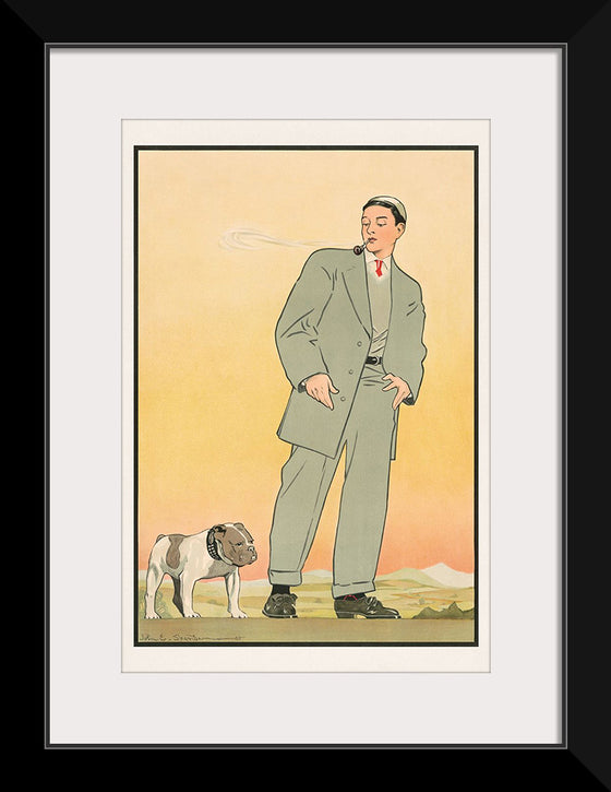 "Young man in gray suit smoking a pipe and looking at a dog(1906)",  John E. Sheridan