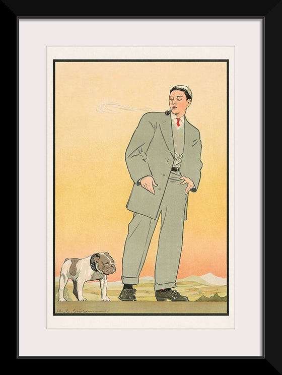 "Young man in gray suit smoking a pipe and looking at a dog(1906)",  John E. Sheridan