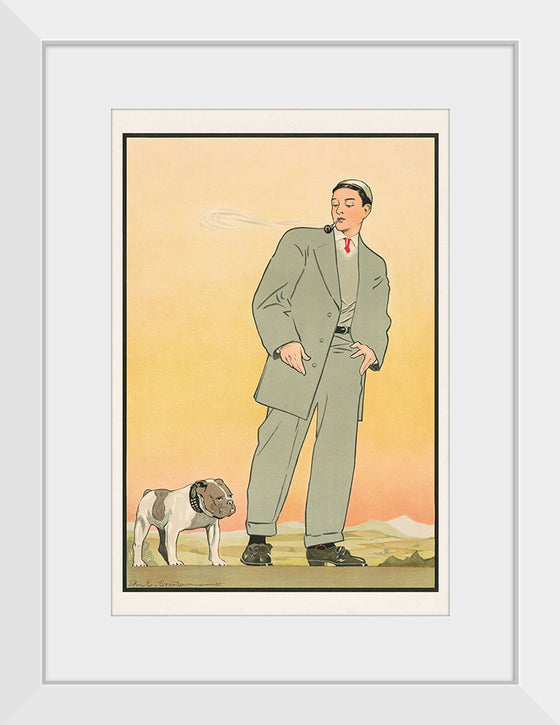 "Young man in gray suit smoking a pipe and looking at a dog(1906)",  John E. Sheridan