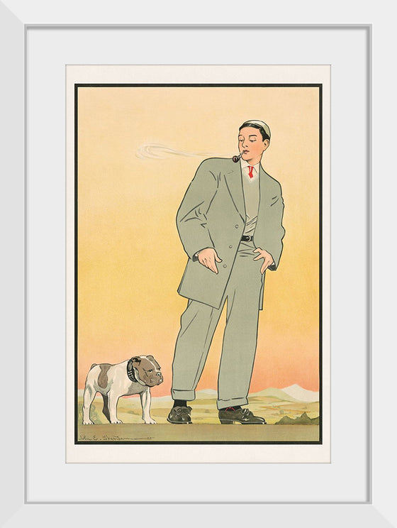 "Young man in gray suit smoking a pipe and looking at a dog(1906)",  John E. Sheridan