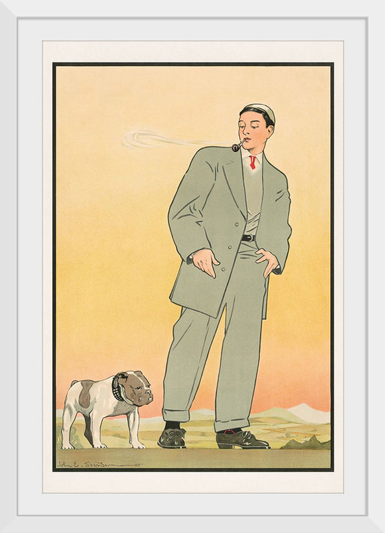 "Young man in gray suit smoking a pipe and looking at a dog(1906)",  John E. Sheridan