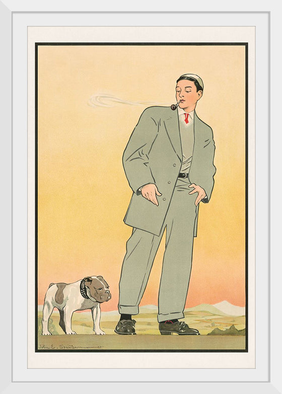 "Young man in gray suit smoking a pipe and looking at a dog(1906)",  John E. Sheridan