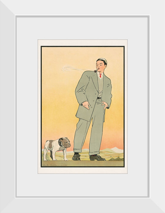 "Young man in gray suit smoking a pipe and looking at a dog(1906)",  John E. Sheridan