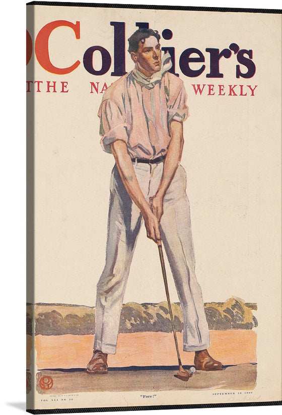 “Fore!” by Edward Penfield is a vintage illustration that captures the essence of golfing. The print features a golfer in a relaxed stance, ready to take a swing. 