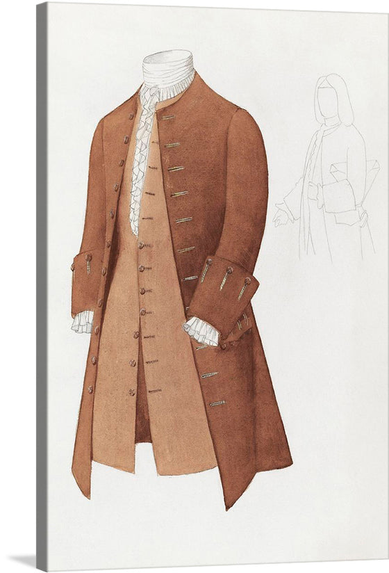 This exquisite print captures the elegance of a bygone era through a meticulously detailed artwork of a classic coat. The rich, warm tones of the brown fabric, accentuated by the intricate detailing of buttons and seams, evoke an air of sophistication and timeless style. An accompanying sketch offers a glimpse into the artist’s creative process, adding depth to the piece. 