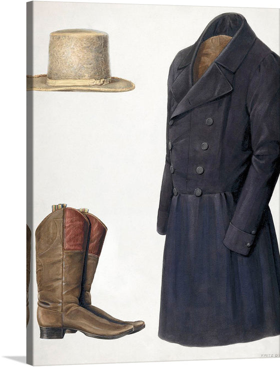 Step into a world where art and history intertwine, with Fritz Boehmer’s masterpiece, “Zoar Man’s Hat, Boots, and Coat (c. 1937).” This exquisite print captures the essence of a bygone era, meticulously portraying vintage attire with an air of nostalgia. The artist’s attention to detail brings to life the textures and tones of each piece of clothing, inviting viewers into a narrative woven with elegance and mystery. 