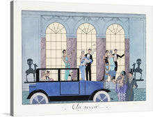  “Au Revoir” is a stunning pochoir by George Barbier, a prominent French illustrator of the Art Deco era. The artwork depicts a couple bidding farewell to their guests after a party. The woman is dressed in a gorgeous, flowing gown with a feathered headpiece, while the man is wearing a tuxedo and a top hat. 