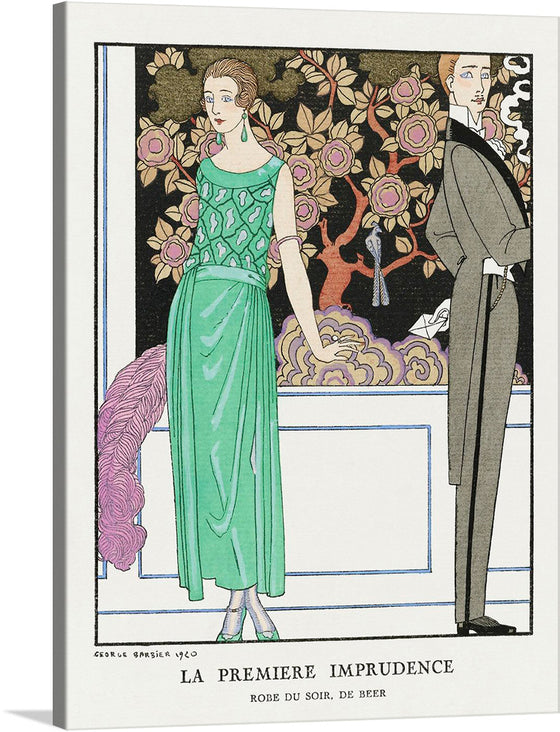 “La premiere imprudence: Robe du soir, de Beer (1921)” is a striking artwork by George Barbier that captures the elegance of early 20th-century fashion. The piece features two figures, one adorned in a vibrant green evening gown and holding a pink feathered fan, the other in a classic black suit. They stand next to a white structure, possibly a balcony, adding a sense of depth to the scene. The background showcases an intricate floral pattern in gold, red, and black, enhancing the overall aesthetic appeal. 